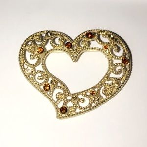 VINTAGE 1974 F.A.F. FILIGREE HEART BROOCH W/BROWN